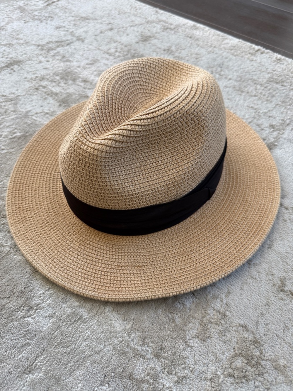 Wide-Brim Straw Fedora Hat with Black Band